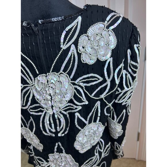 Vintage Leslie Fay Black Beaded Silk Sequin White Floral Formal Top NWT - Picture 8 of 15